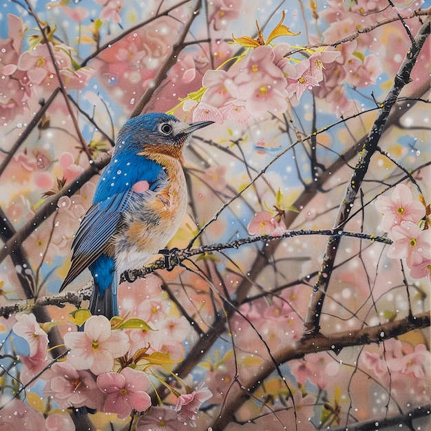 a painting of a blue bird with a pink background with the words quot bird quot on it