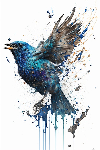 A painting of a blue bird with the word blue on it