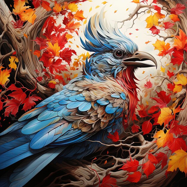 a painting of a blue bird with the word macaw on it