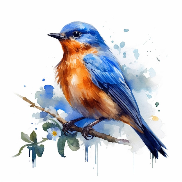 a painting of a blue bird with a yellow beak and blue feathers.