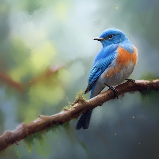 a painting of a blue bird with a yellow beak and orange feathers.