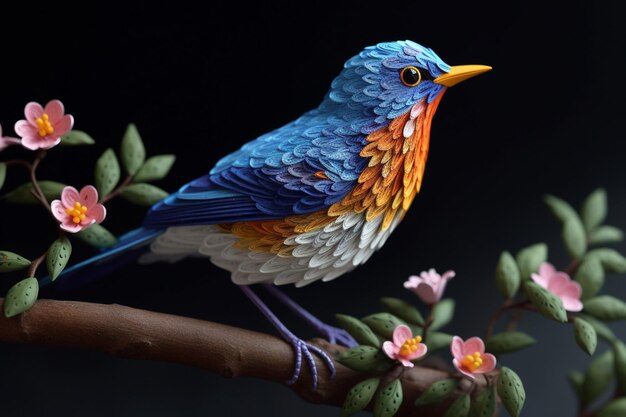 黄色とオレンジ色の羽を持つ青い鳥の絵が、ピンクの花が咲いた枝に止まっています。