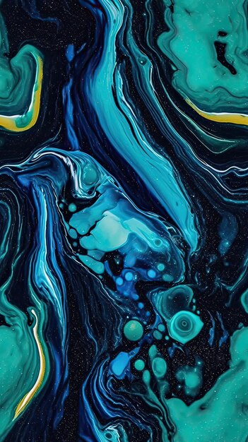 A painting of a blue and black abstract background with a swirl of blue and green colors.