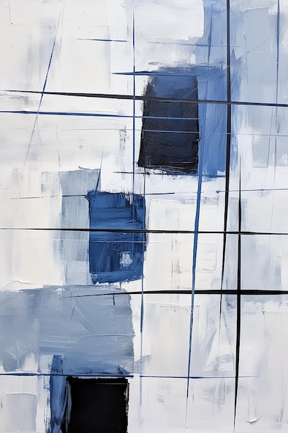 a painting of a blue box in the middle of a white wall.