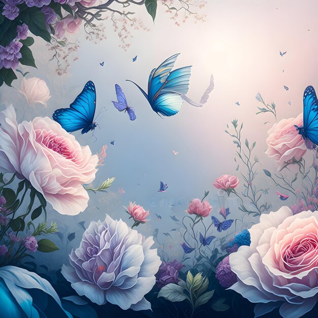 Photo a painting of a blue butterfly and pink roses