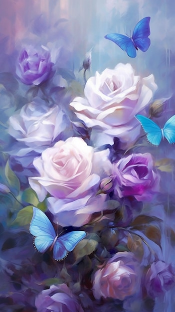 Картина с голубой бабочкой и фиолетовым цветком с бабочкой на нем.