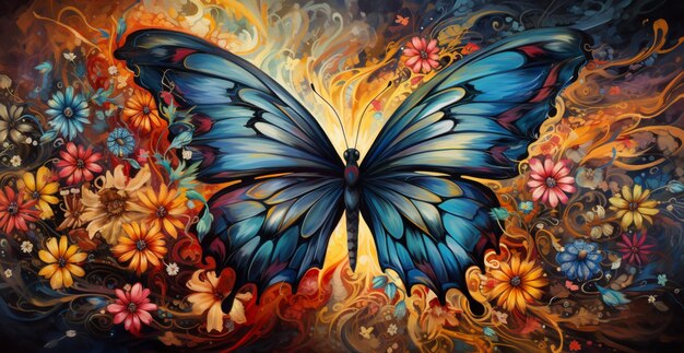 Painting of a blue butterfly with colorful flowers and swirls generative ai