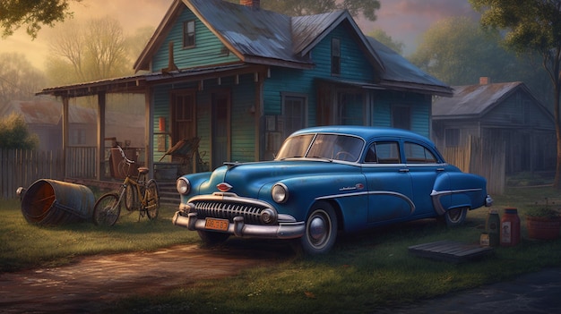 A painting of a blue car in front of a house