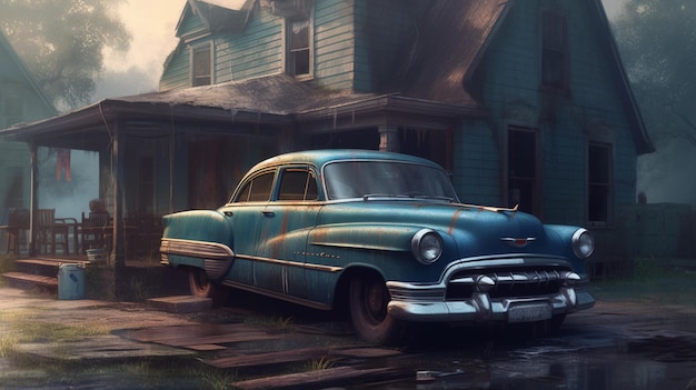 A painting of a blue car in front of a house