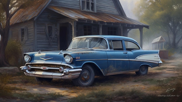 A painting of a blue car in front of a house