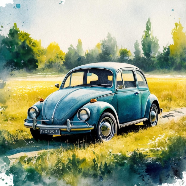 a painting of a blue car with a license plate that says e