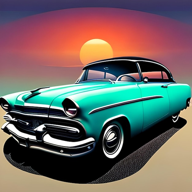 A painting of a blue car with the sun in the background.