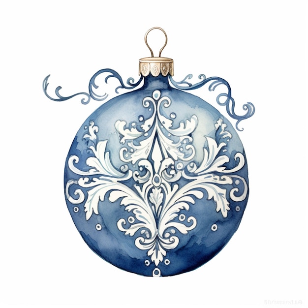 Photo painting of a blue christmas ornament with a white ornament on it generative ai