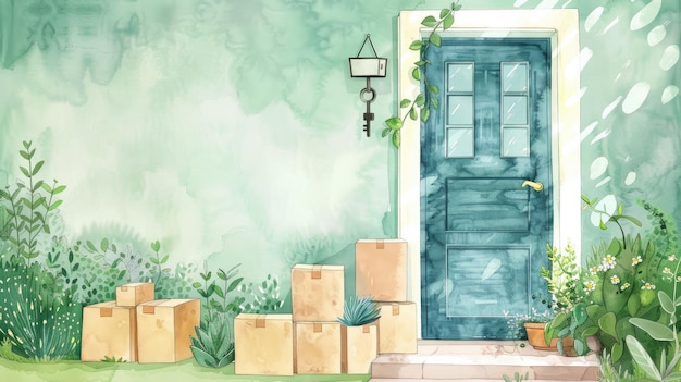 a painting of a blue door with a blue door and a green door