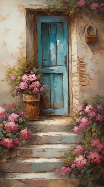 A painting of a blue door with a pot of flowers in the corner.