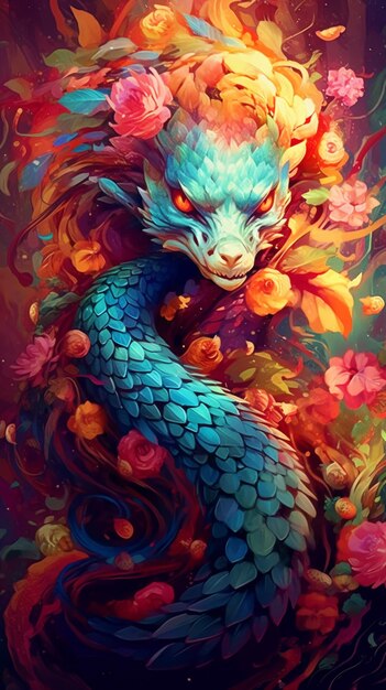 A painting of a blue dragon with flowers on it.