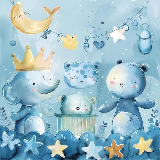 a painting of a blue elephant and two bears with a crown on it