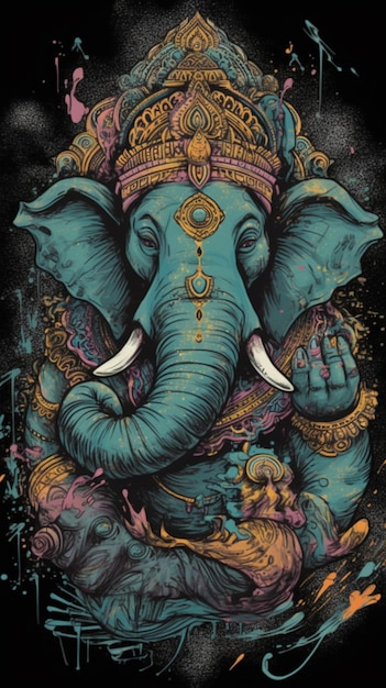 A painting of a blue elephant with a gold head and the word buddha on it.