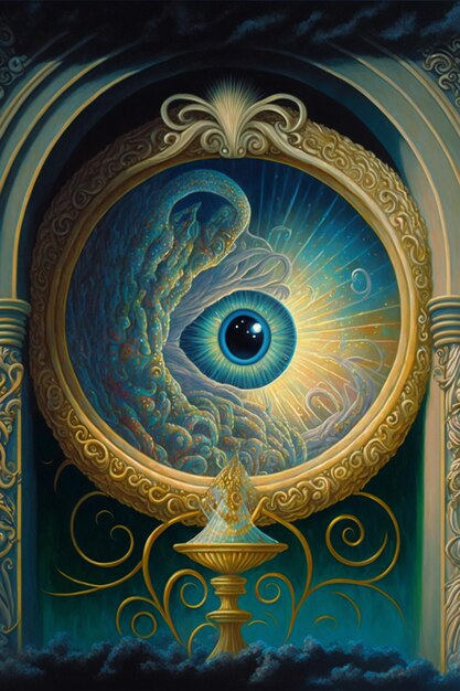 painting of a blue eye in a gold frame with a candle generative ai