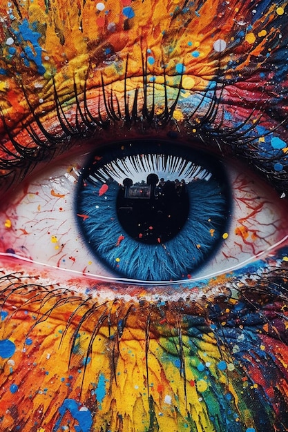 Painting of a blue eye with colorful paint splatters on it generative ai