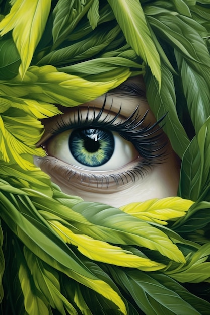 Foto un dipinto di un occhio azzurro con foglie verdi