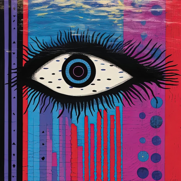 A painting of a blue eye with a red background
