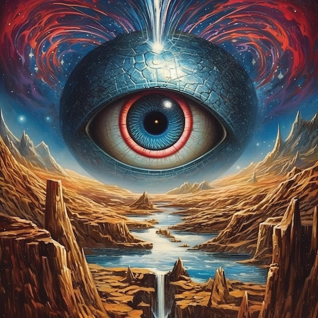 A painting of a blue eye with a river in the background.