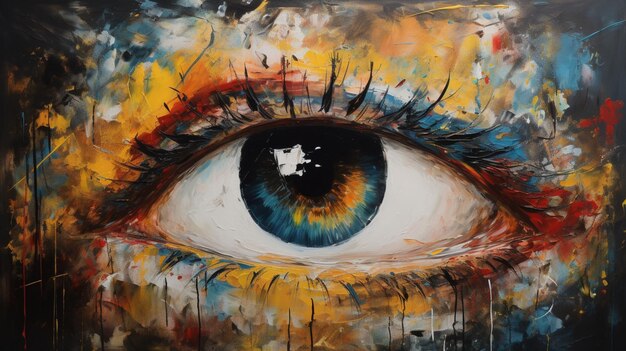A painting of a blue eye with the word eye on it.