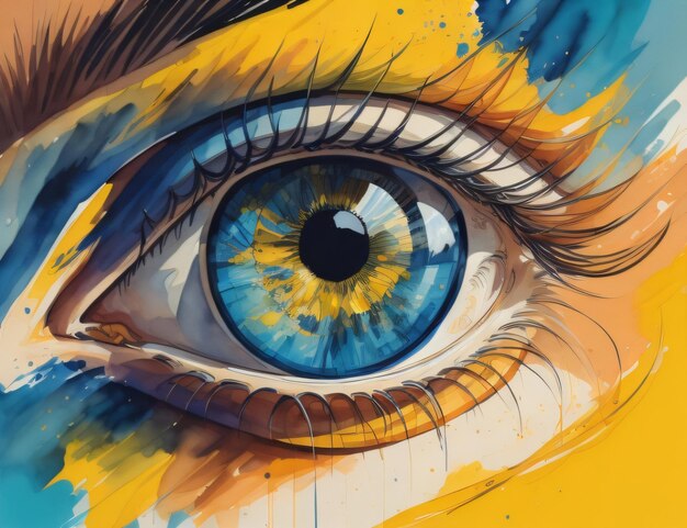 Photo a painting of a blue eye with yellow and blue paint.