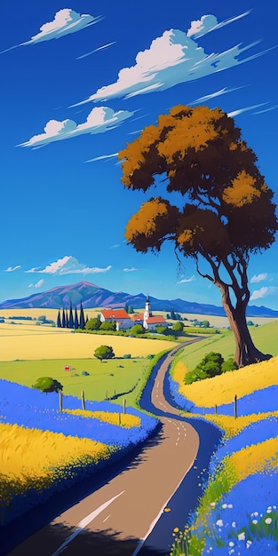 A painting of a blue flower field with a tree in the foreground.