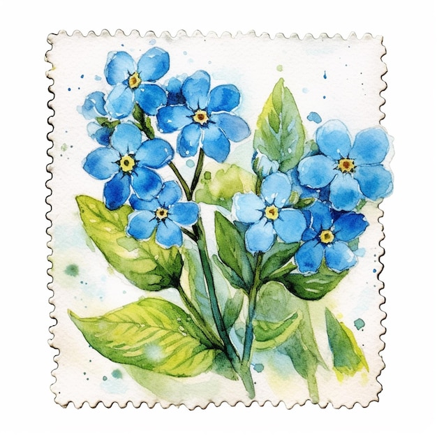白い背景に緑の葉が付いた青い花の絵画