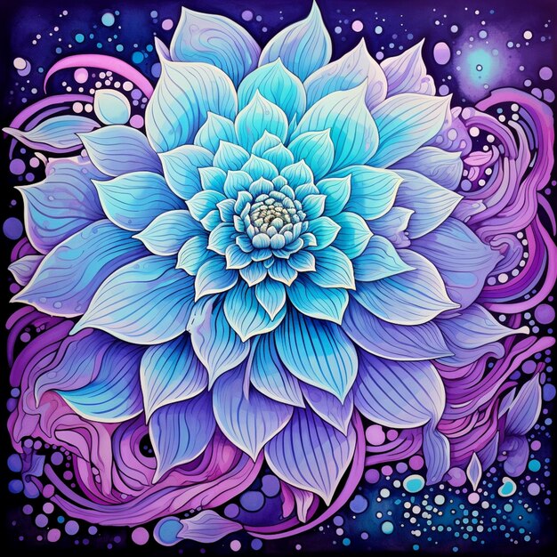 painting of a blue flower with purple swirls and bubbles generative ai