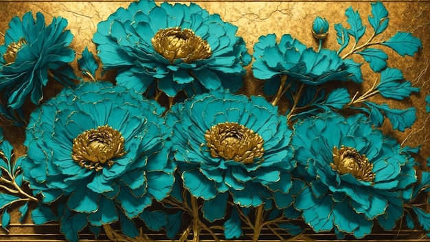 a painting of blue flowers on a gold background