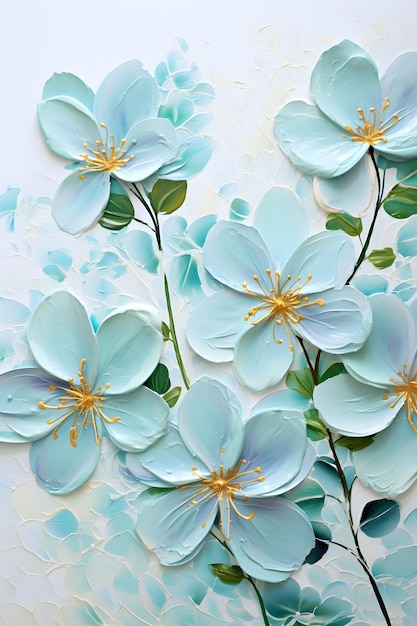 a painting of blue flowers on a white background Gouache Painting of a Mint color flower Perfect