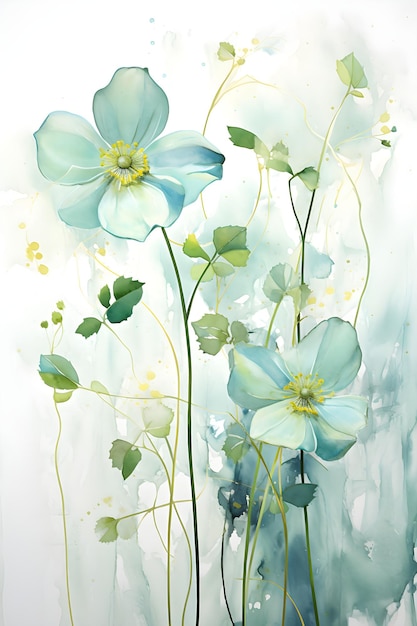 a painting of blue flowers on a white background Watercolor Painting of a Emerald color flower