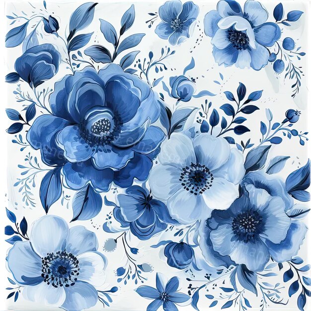 A painting of blue flowers on a white background