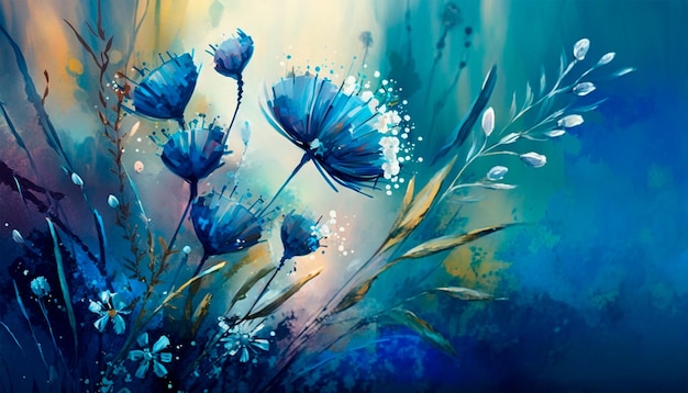 A painting of blue flowers with the word love on it