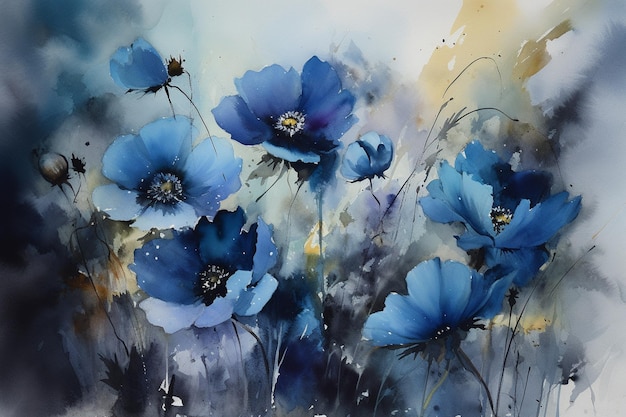 A painting of blue flowers with the word poppies on it