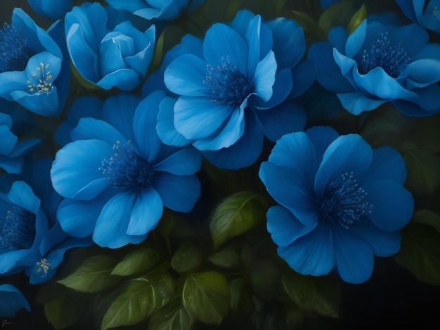 A painting of blue flowers with the words blue on the bottom ai generated