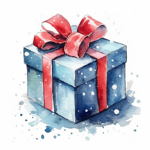 a painting of a blue gift box with a red bow generative ai