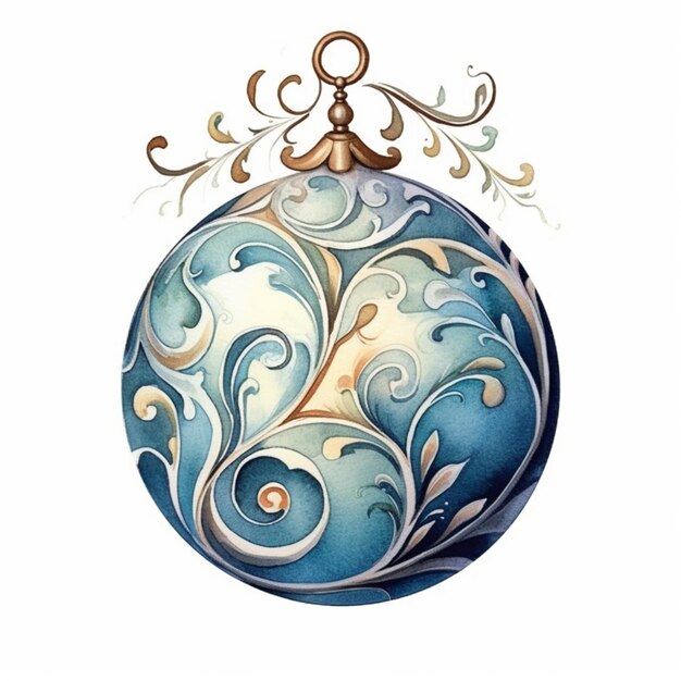 Painting of a blue and gold christmas ornament with swirly designs generative ai