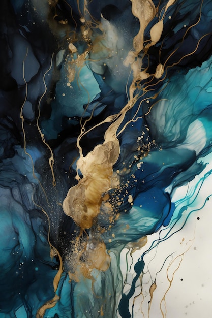 A painting of a blue and gold liquid painting.