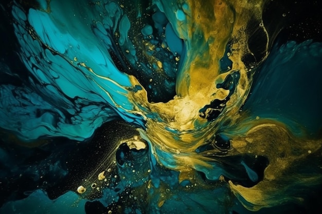 A painting of a blue and gold liquid with the word " on it. "