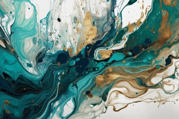 A painting of a blue and gold liquid with the words " aqua " on it.