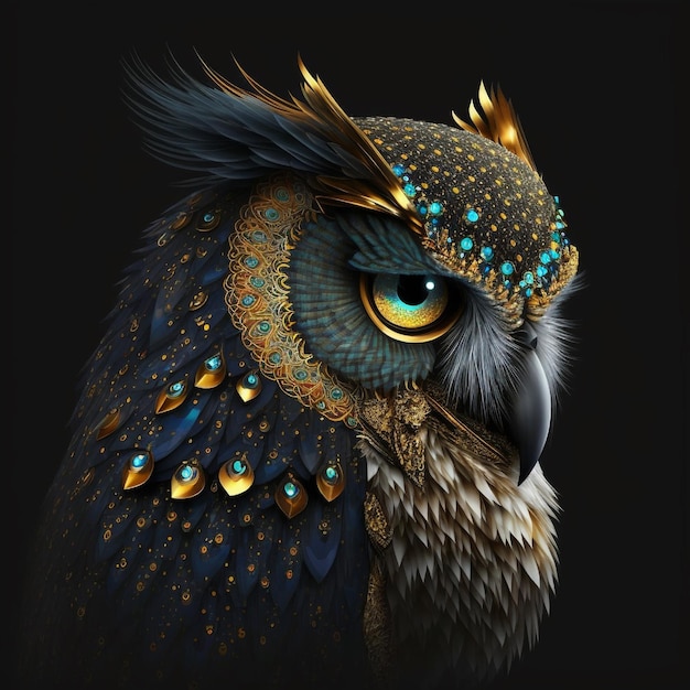 A painting of a blue and gold owl with blue feathers.