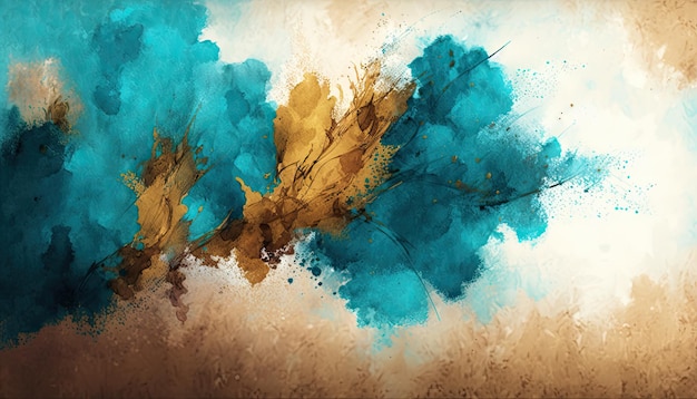 A painting of a blue and gold paint with a blue background.