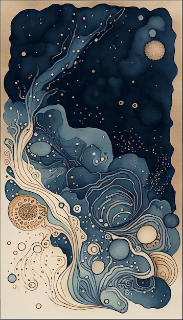 A painting of a blue and gold planet.