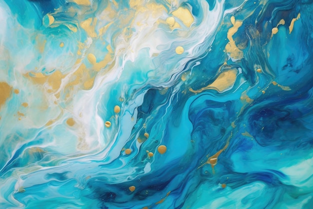 A painting of a blue and gold swirl with gold paint.