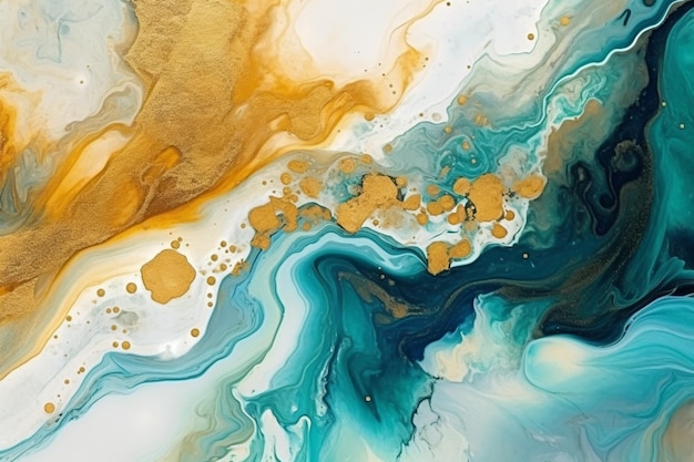 A painting of a blue and gold swirl with gold paint.