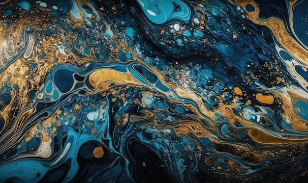 A painting of a blue and gold swirl.